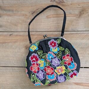 Santi Floral Black Beaded Mini Purse Cocktail Purse Tiny Handbag